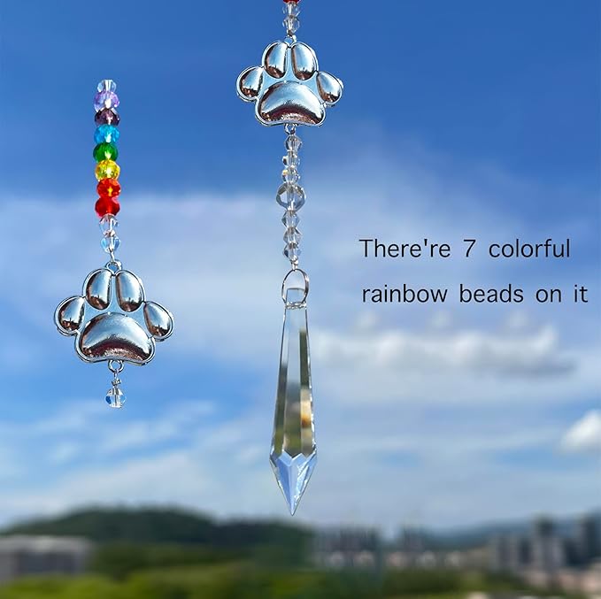 2pcs Pet Dog Cat Paw Print Sun Catcher Pet Memorial Gifts Crystals Prisms Dog Pet Sympathy Hanging Window Garden Decor Wind Chime Rainbow Maker Suncatcher Loss of Dog Gift (Mini Paw)