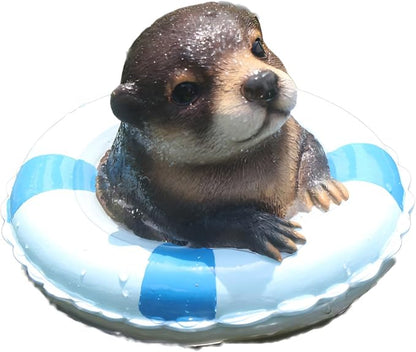 Cute Floating Otter Garden Water Feature Decoration, Resin Sculpture, Equipped with a Life Ring, Outdoor Swimming Pool Decoration, in red and White Color Scheme