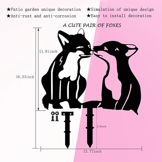 Adorable Fox Stake Decoration, Metal Yard Art Animal Stake Black Fox Silhouette Statues for Yard Lawn Outdoor Decorations (1PCS)