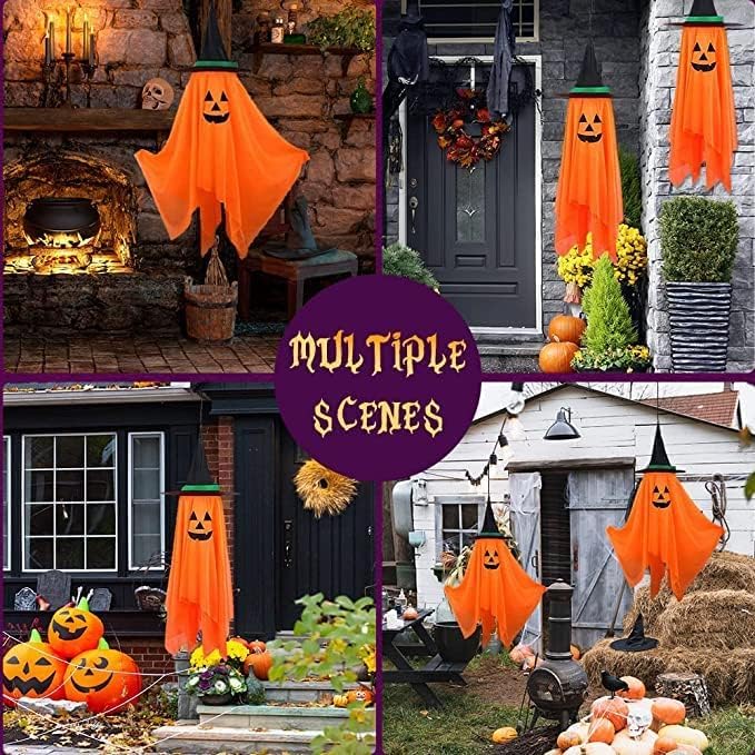 Halloween Decorations, 2 Pack Orange Pumpkin Wizard Hat Pre-Installed Pumpkin Ghost Ghosts Witch Hanging Ornaments Decor for Home Party Garden Indoor Outdoor