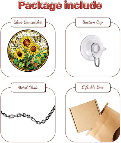 GENANY Sunflowers Glass Window Hanging, Spring Sun Catcher with Metal Chain and Hook, Romantic Gifts for Women Friends Family, Garden Decor, Housewarming Gifts, Outdoor Decor