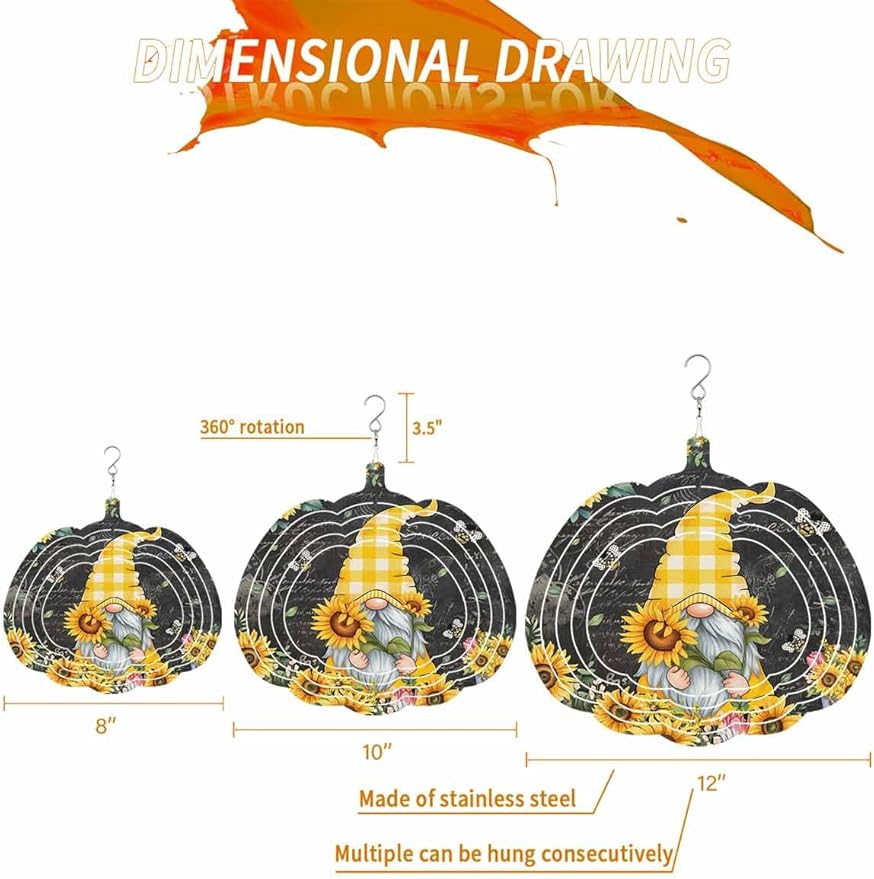 Gnomes Black Wind Spinners Outdoor Inoor,Decorative Hanging Pumpkin Ornaments for Yard Patio Garden,Yellow Sunflower Floral Bee Summer Spring Stainless Steel Metal Wind Sculpture Suspension Trim,12"