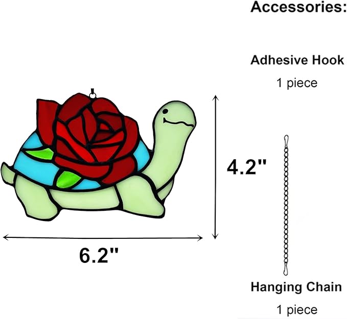 Stained Glass Turtle with Rose Birthday Gifts for Women, Stained Glass Window Hanging Suncatcher Ornament, Housewarming Window Decor Gifts for Mom, Turtle Lovers