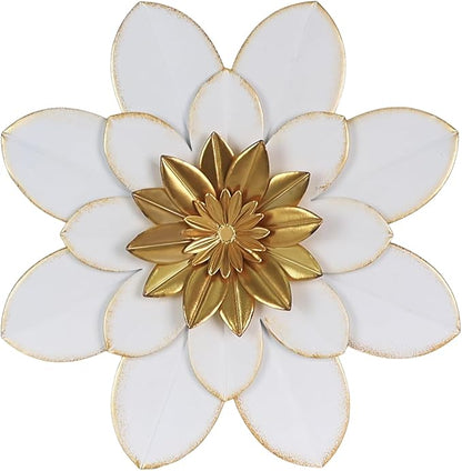 hogardeck Metal Flower Wall Decor, 16" White Gold Floral Metal Wall Art for Indoor Outdoor, Boho Farmhouse Modern Wall Decor for Bathroom, Living Room, Kitchen, Bedroom, Porch, Garden, Yard