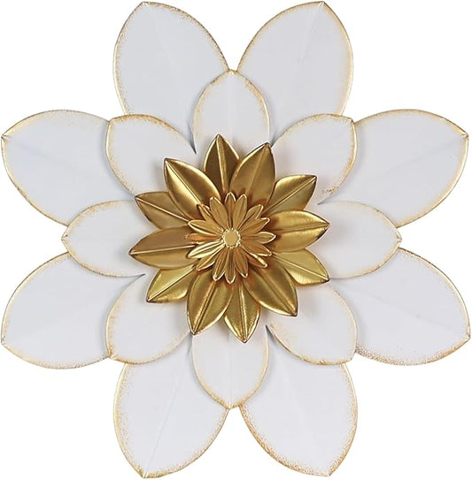 hogardeck Metal Flower Wall Decor, 16" White Gold Floral Metal Wall Art for Indoor Outdoor, Boho Farmhouse Modern Wall Decor for Bathroom, Living Room, Kitchen, Bedroom, Porch, Garden, Yard
