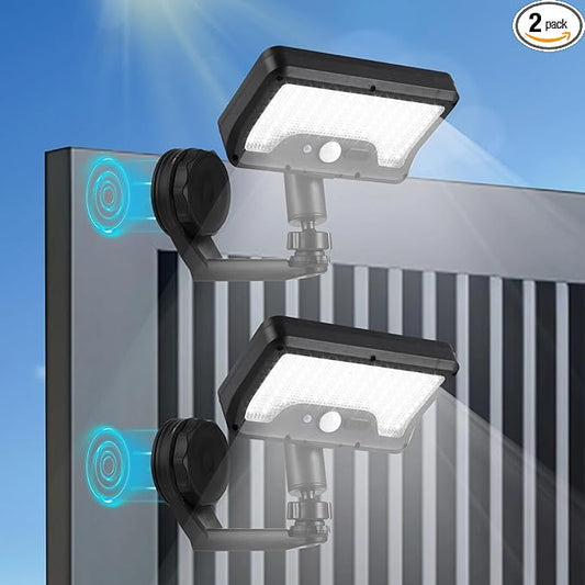 OMISTAR 2 Pcs Metal-gipping Outdoor Solar Lights, 92 LEDs Motion Sensor Solar Wall Lamps, IP65 Waterproof Balcony Patio Security Lights, Adjustable Wall-Mount Fence RV Lighting