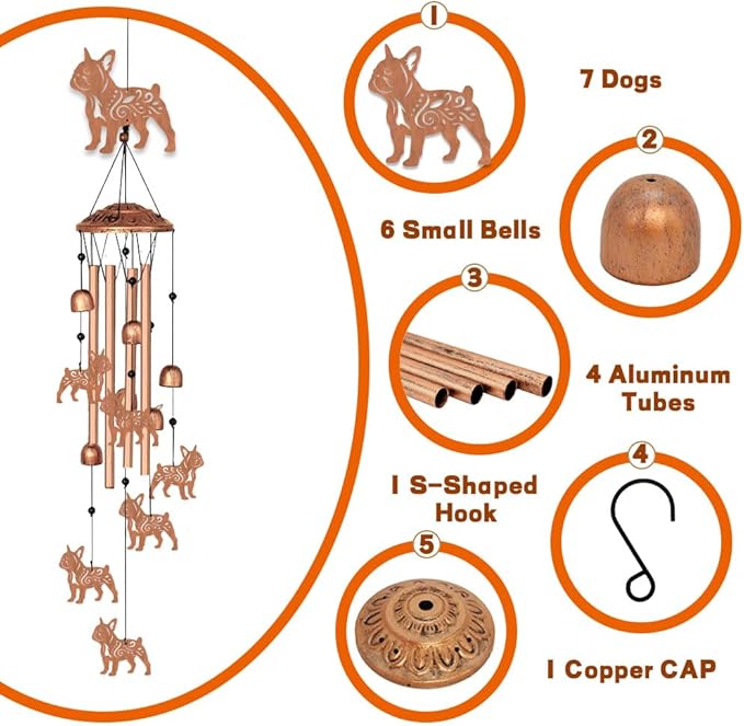ORIGACH Dog Wind Chimes for Outside Bulldog Metal Wind Chime Birthday Gifts Memorial Gifts for Women Men Mom Grandma Wife Friends Wind Chimes for Outdoor, Indoor, Home and Garden Decorations