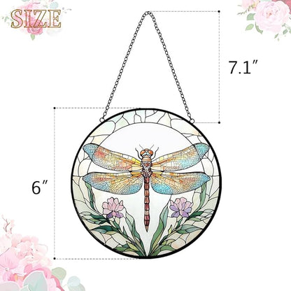 Dragonfly Flower Suncatcher Stained Glass Window Hanging - Dragonflies Decor Sun Catchers Glass Panel - Handmade Suncatchers for Home Garden Ornaments - Mother's Day Birthday Gifts for Women Men Mom