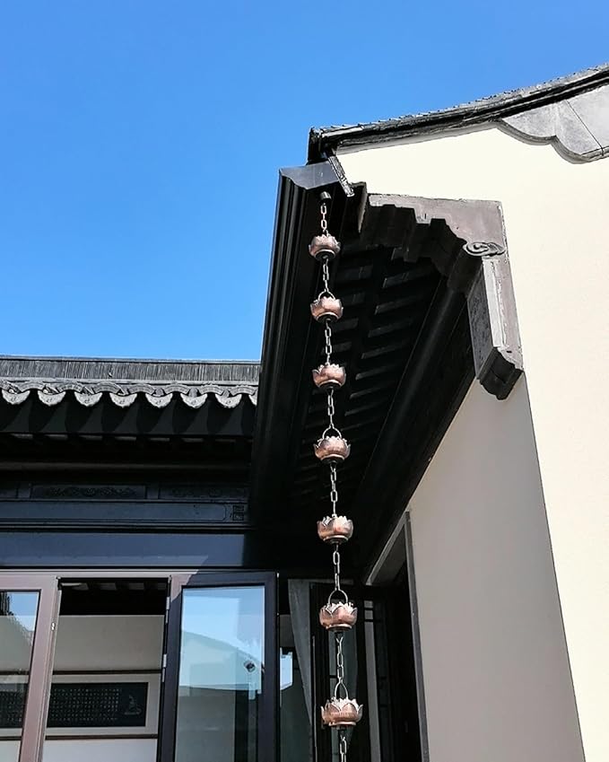 Lotus Rain Chain Cups for Outside, 5 Cups per Meter, Decorative Gutter Downspout Diverter Rain Catcher, Copper Exquisite Rain Chimes Easy Hanging,4.5m (14.8ft)