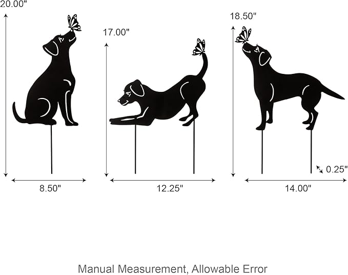 Glitzhome Set of 3 Dog Silhouette Stakes, Black Metal Decorative Garden Stakes or Wall Decor with Butterfly Cutout Design, Iron Yard Art Lawn Spring Decoration, 20 "H