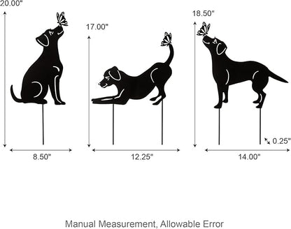 Glitzhome Set of 3 Dog Silhouette Stakes, Black Metal Decorative Garden Stakes or Wall Decor with Butterfly Cutout Design, Iron Yard Art Lawn Spring Decoration, 20 "H
