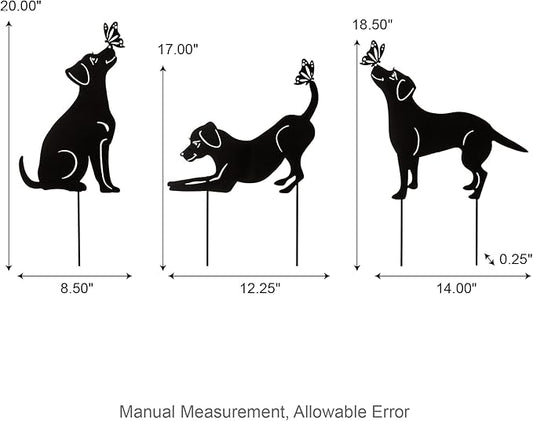 Glitzhome Set of 3 Dog Silhouette Stakes, Black Metal Decorative Garden Stakes or Wall Decor with Butterfly Cutout Design, Iron Yard Art Lawn Spring Decoration, 20 "H