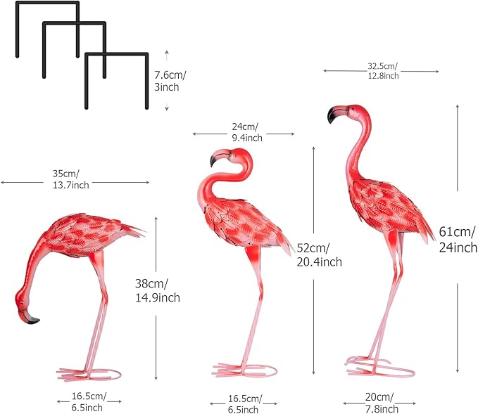 3 Pcs Pink Flamingo Garden Statues, Metal Flamingo Birds Yard Art Outdoor Statue for Home Patio Lawn Balcony Backyard Decor