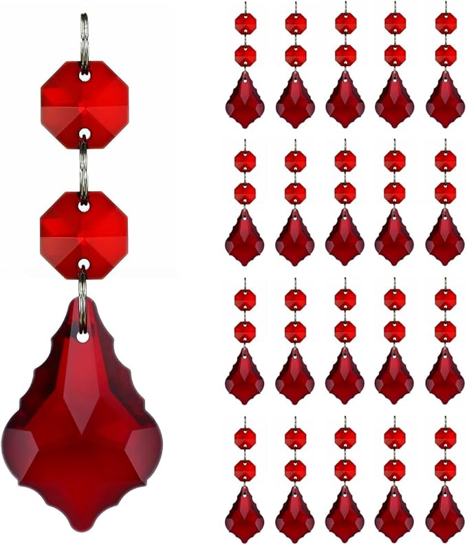 20pcs Chandelier Crystals Maple Leaf Prism Pendant Parts Connected Glass Octagon Beads Chain for Chandelier Decoration 38mm (Red)