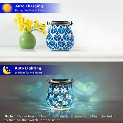 Stargarden 2Pack Mosaic Solar Lanterns, Blue Glass Hanging Lantern Waterproof Outdoor Hanging Solar Lights Table Lamp for Garden ,Patio,Yard Decor