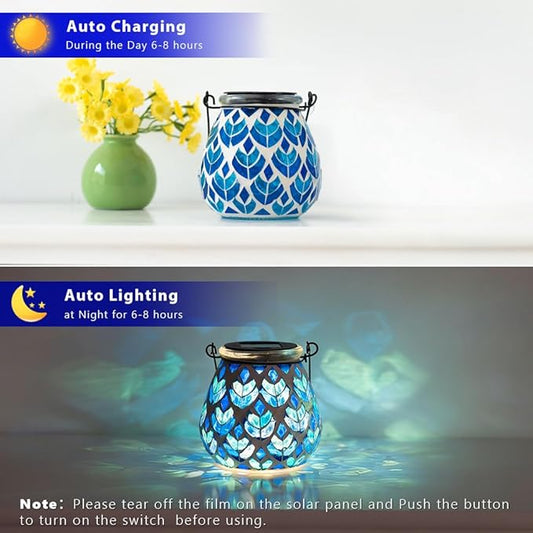 Stargarden 4 Pack Mosaic Solar Lanterns, Blue Glass Hanging Lantern Waterproof Outdoor Hanging Solar Lights Table Lamp for Garden ,Patio,Yard Decor