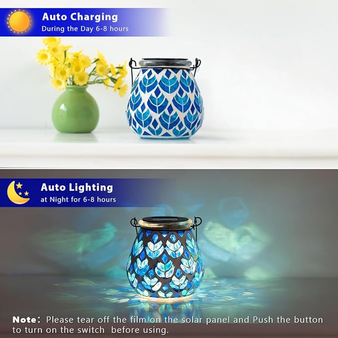 Stargarden Mosaic Solar Lanterns, Table Lamp for Garden ,Patio,Yard Decor Blue Glass Hanging Lantern Waterproof Outdoor Hanging Solar Lights