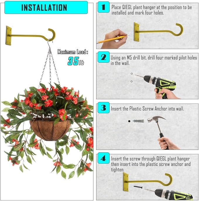 QIEGL 10inch Heavy Duty Plant Hangers Outdoor or Indoor Bird Feeder Hanger Shepherd Hooks 2pcs Gold Metal Wall Hook for Hanging Plant Bracket, Lantern, Flower Basket, Wind Chimes