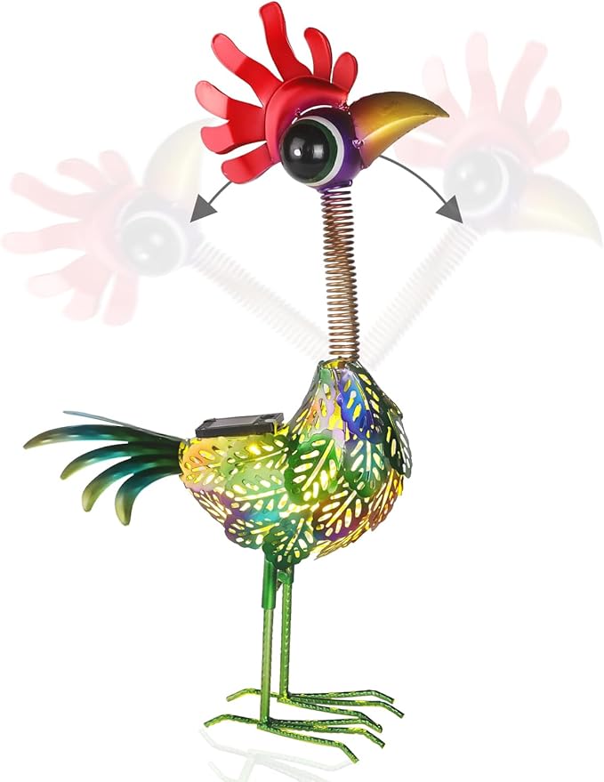 Outdoor Wacky Metal Rooster Garden Statue, Solar Wacky Rooster Yard Decor,Garden Decor for Outside,Solar Metal Chicken Statue for Patio,Porch,Yard,Lawn Ornament, Garden Chicken Gift