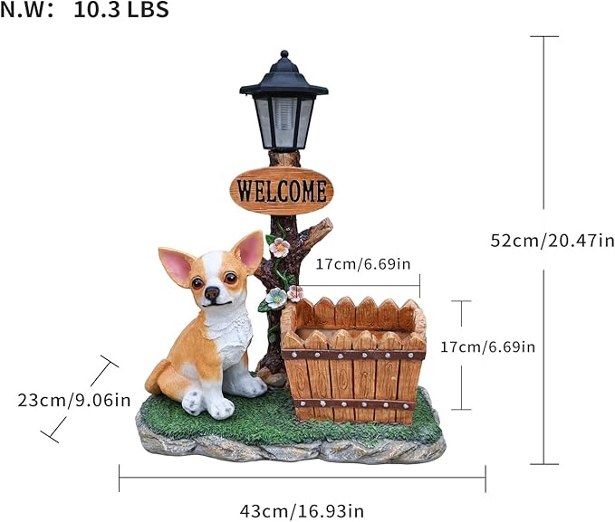 20" Solar Chihuahua Garden Statue with Welcome Sign & Planter - Large Dog Sculpture with LED Street Lantern - Weatherproof Resin Decorative Flower Pot for Porch, Yard & Patio - Pet Lover Gift