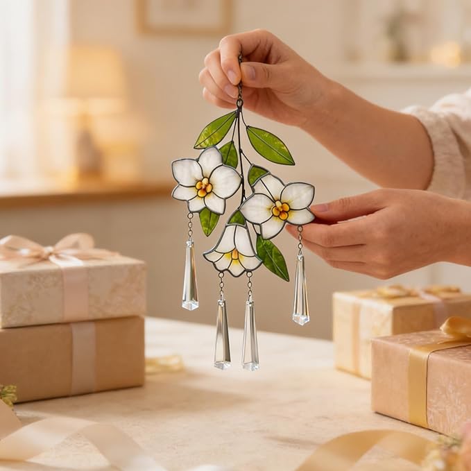 Stained Glass Flower Suncatcher for Window, Handmade Tropical Plumeria Hanging with Crystal Prisms, White Floral Window Decor, Sun Catcher Gift for Women & Plant Lovers
