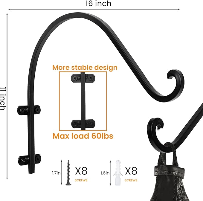 4 Pack Heavy Duty 16 Inch Outdoor Plant Hangers, Black Wall Hanging Brackets for Hanging Flower Basket, Bird Feeders, Lanterns, Wind Chimes