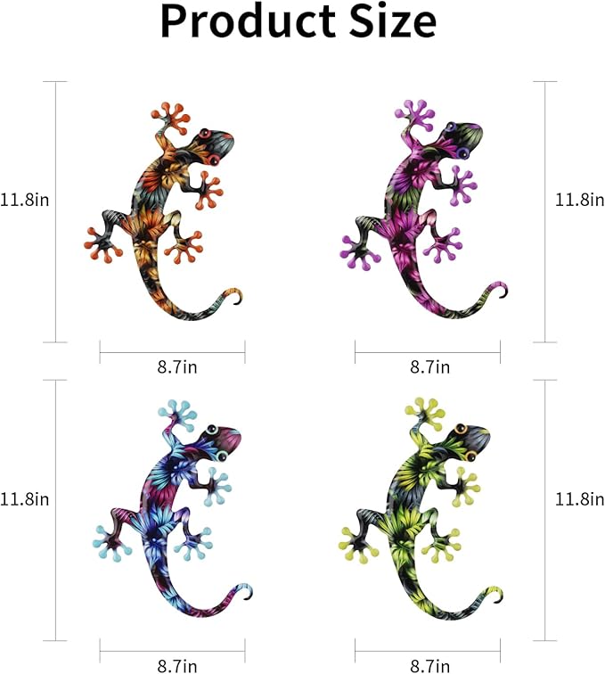 4 Pcs Metal Gecko Wall Art Outdoor Decor Metal Lizards Wall Decor Lizard 8.7 * 11.8 Inch Suitable for Hanging in Yard Garden Patio Fence Home, Idea Gifts for Mom Father Friends