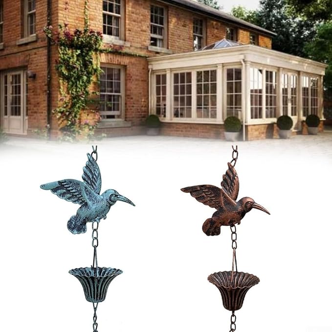 FABULETTA 8.5ft Metal Rain Chain for Outdoor Eaves Decoration, Vintage Garden Pendant with Rust-Resistant Design for Patio or Yard Water Flow(Blue)