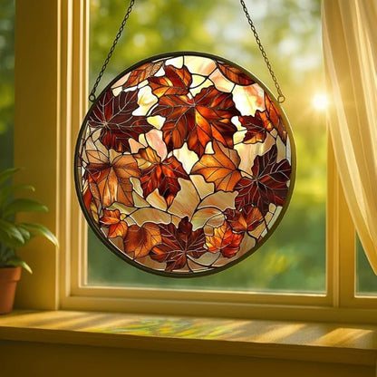 Round Colorful Maple Leaves Stained Glass Window Hanging Panel – Autumn Fall Suncatcher Wall Art for Home Window Decor and Gift
