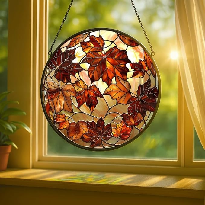Round Colorful Maple Leaves Stained Glass Window Hanging Panel – Autumn Fall Suncatcher Wall Art for Home Window Decor and Gift