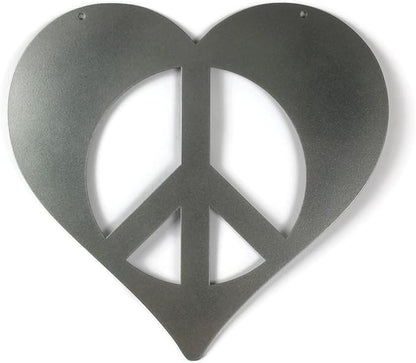 Peace and Heart Staked Signs or Wall Art Rustic or Powder Coated Finishes (Medium Peace Heart Hanger 12", Dark Gray Metallic)