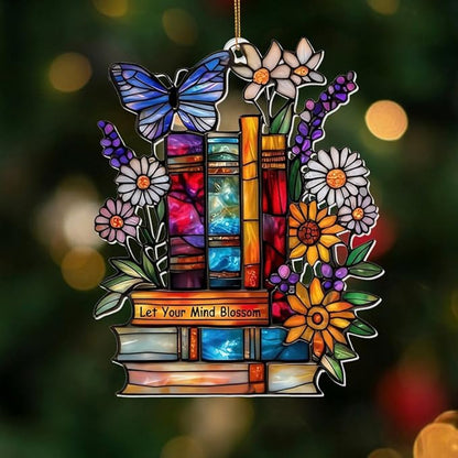 Book Ornament – Stained Glass Style Acrylic Christmas Ornament with,Teacher Back To School Gift, Bookish Gifts For Librarian, BookLovers,Reader, Women, Suncatcher Effect Decor For Christmas Tre,S-18