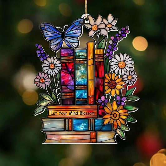 Book Ornament – Stained Glass Style Acrylic Christmas Ornament with,Teacher Back To School Gift, Bookish Gifts For Librarian, BookLovers,Reader, Women, Suncatcher Effect Decor For Christmas Tre,S-18