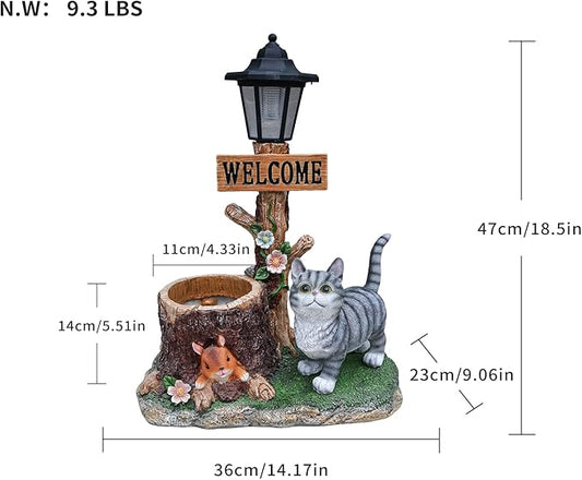 20" Solar Cat Garden Statue with Welcome Sign & Planter - Large Cat Sculpture with LED Street Lantern - Weatherproof Resin Decorative Flower Pot for Porch, Yard & Patio - Pet Lover Gift