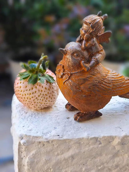 Cast Iron Fairy & Bird Garden Statue – Vintage Rustic Outdoor Decor, Heavy-Duty Metal Figurine for Patio Lawn Porch Flower Beds & Home Accents, Weather-Resistant Yard Ornament (Rustic-B)