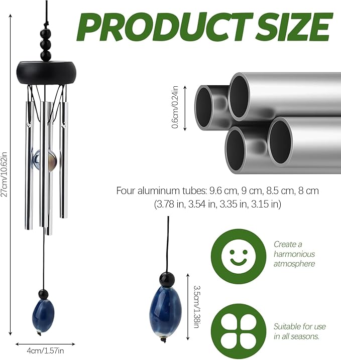 10.6'' Aluminium Mini Wind Chimes with 4 Rods, Memorial Wind Chimes for Outside Small Gifts Deep Tone Unique Garden Patio Hanging Home Decor Black
