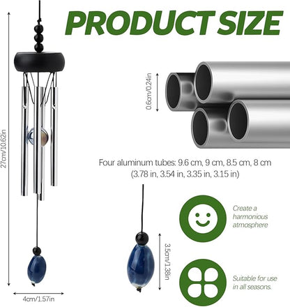 10.6'' Aluminium Mini Wind Chimes with 4 Rods, Memorial Wind Chimes for Outside Small Gifts Deep Tone Unique Garden Patio Hanging Home Decor Black