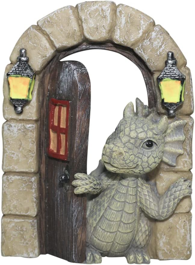 SHOWFEICAT Dragon Garden Ornament Resin Craft Ornament Statue Fairy Door Yard Art Outdoor and Garden Solar Light Luminous Sand Open Door Dragon Wall Statue Outdoors Decor (Open The Door)