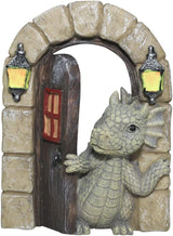 SHOWFEICAT Dragon Garden Ornament Resin Craft Ornament Statue Fairy Door Yard Art Outdoor and Garden Solar Light Luminous Sand Open Door Dragon Wall Statue Outdoors Decor (Open The Door)