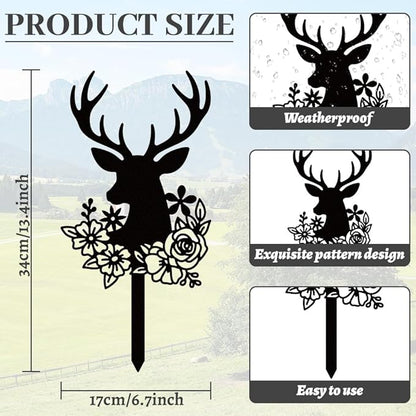 WADORN Deer Head Flowers Metal Decorative Garden Stakes, Black Outdoor Statues Silhouette Cute Deer Lover Gifts Animal Stakes Silhouette Ornaments for Yard Art Garden Patio Backyard Lawn Decors