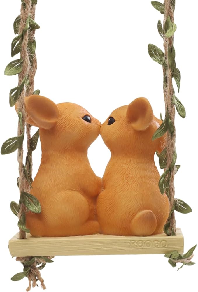 Swing Animals Garden Statue Outdoor Decor, Resin Hanging Animals Figurine Tree Ornaments Yard Art Sculpture for Stump Branch Patio Lawn Decorations (Couple Rabbits)