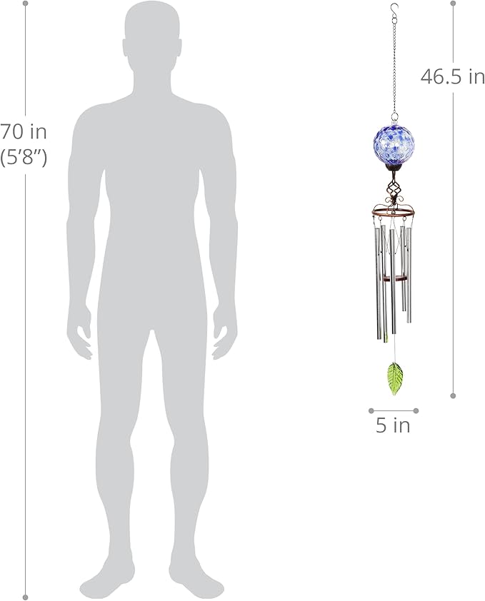 Exhart Wind Chimes, Solar LED Outdoor Garden Lighting, Blue Glass and Metal Wind Chime Lawn and Yard Decoration with Bronze Metal Finial, 5 x 46.5 Inch