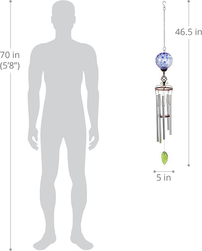 Exhart Wind Chimes, Solar LED Outdoor Garden Lighting, Blue Glass and Metal Wind Chime Lawn and Yard Decoration with Bronze Metal Finial, 5 x 46.5 Inch