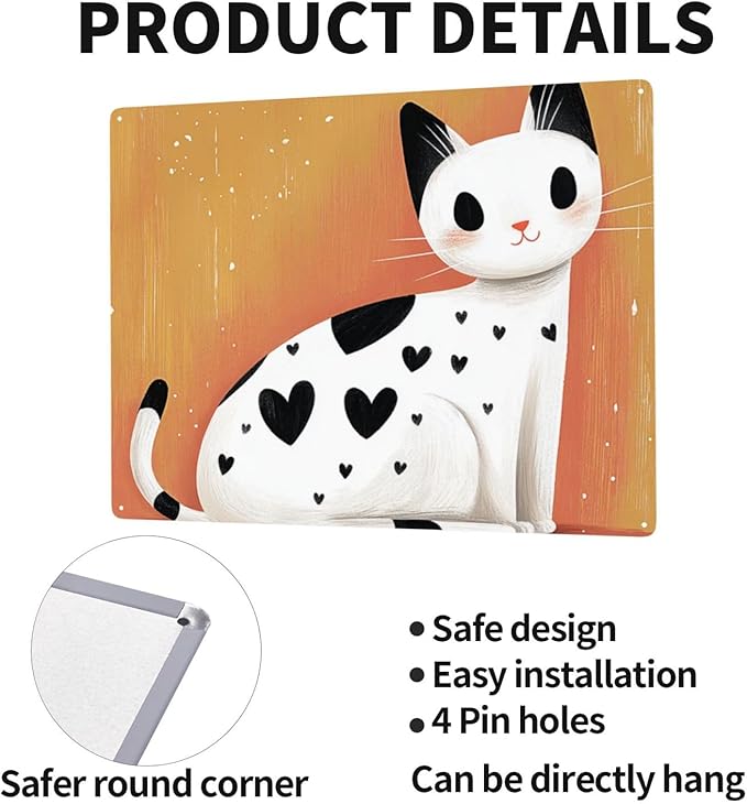 White cat with black heart shaped spots Tin sign,Metal Signs art wall Decor,Exquisite artistic plaque poster,for living room,cafe,Yard,Patio,Bedroom,gifts for Pet Lovers,12x16 Inch