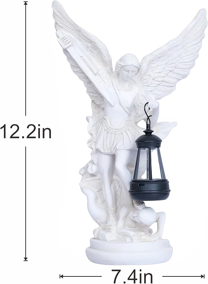Solar San Miguel Arcangel Outdoor Garden Decor Statues 12.4" Solar St Michael the Archangel Satue for Yard Patio Lawn Porch Decorations Resin St Michael Figurine Religious Collection Sculptures Gifts