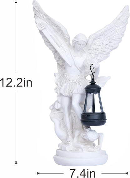 Solar San Miguel Arcangel Outdoor Garden Decor Statues 12.4" Solar St Michael the Archangel Satue for Yard Patio Lawn Porch Decorations Resin St Michael Figurine Religious Collection Sculptures Gifts