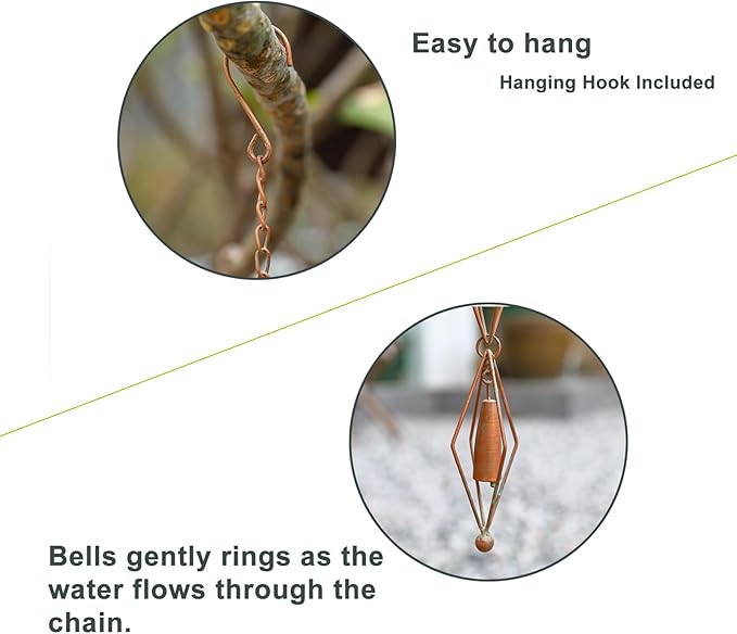 8.5 Feet Diamond & Bell Rain Chain for Outsides, Rain Catch Chains for Gutters Downspouts, Copper Patina Finish Iron