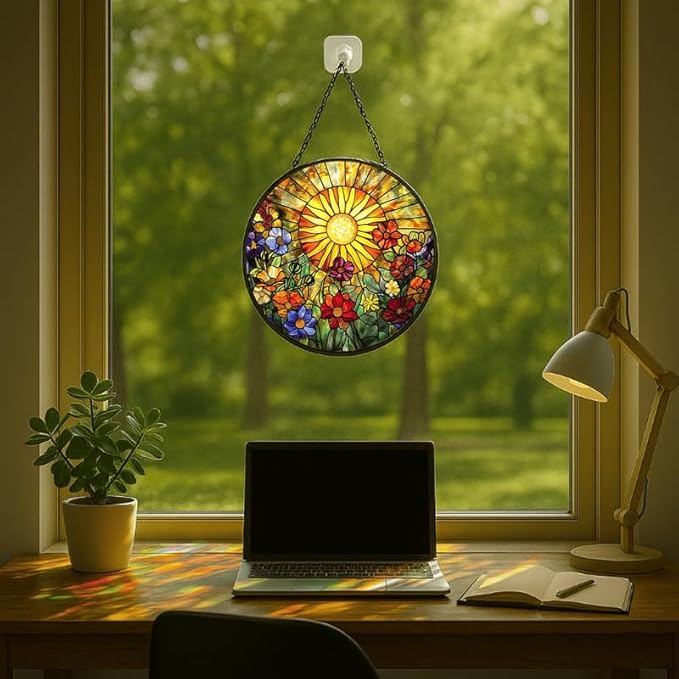 Stained Glass Window Hanging - Radiant Crystal Floral Sunburst 6.3in Sun Catchers Indoor Stained Glass Panels Wall Decor for Mom,Wife,Lovers,Festive