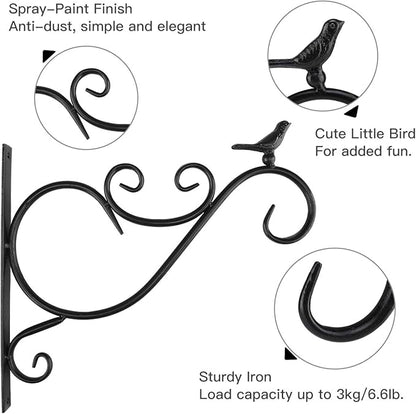 Lewondr Wall Hanging Plant Bracket, 2 Pack 12-inch Retro Iron Shepard Hook for Flower Bird Feeder Planter Indoor Outdoor, Bird 01 - Spray Paint Black
