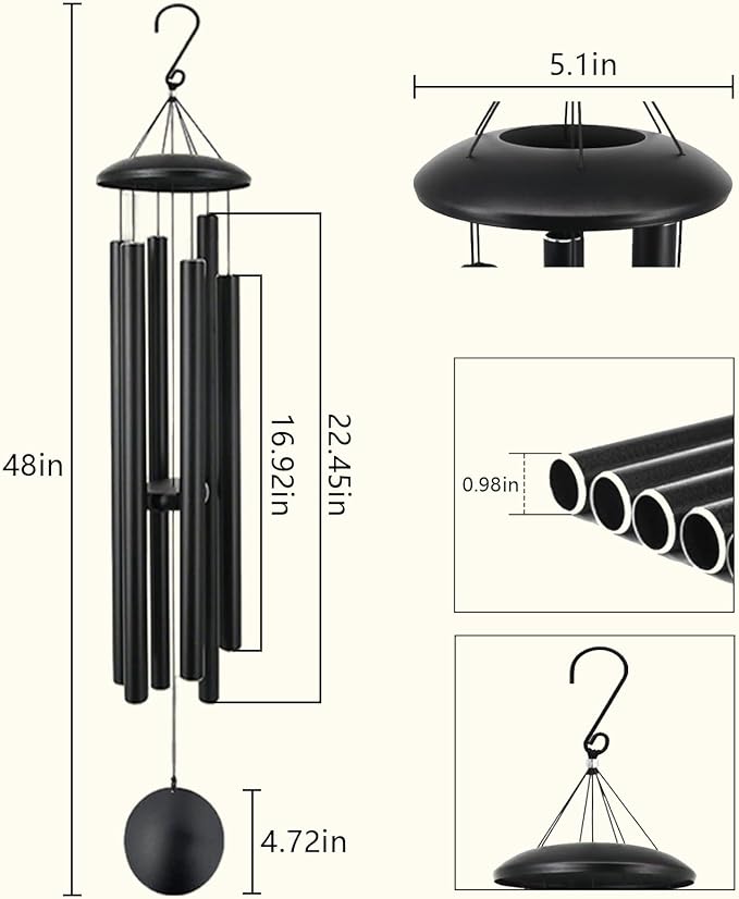 48 Inch Memorial Wind Chimes Outdoor, Large Deep Tone with 6 Heavy Aluminum Tubes, Hand-Tuned Sympathy Gift for Loss of Loved One, Garden Hanging Decor for Yard, Black (48")